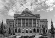 Stunning black and white view of the Luzerne County Courthouse in Wilkes-Barre, PA.