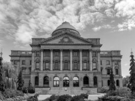 Stunning black and white view of the Luzerne County Courthouse in Wilkes-Barre, PA.