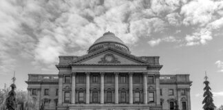 Stunning black and white view of the Luzerne County Courthouse in Wilkes-Barre, PA.
