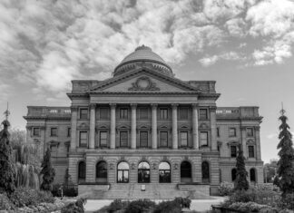 Stunning black and white view of the Luzerne County Courthouse in Wilkes-Barre, PA.
