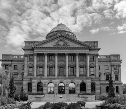 Stunning black and white view of the Luzerne County Courthouse in Wilkes-Barre, PA.