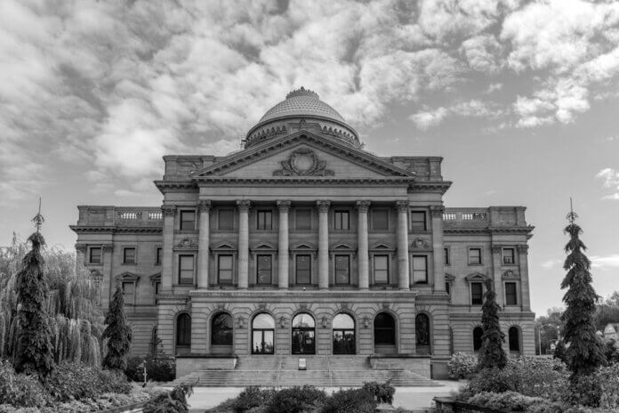 Stunning black and white view of the Luzerne County Courthouse in Wilkes-Barre, PA.