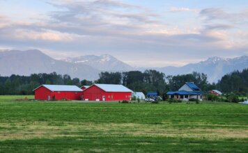Либералы снова отказались защищать права собственников жилья A serene farm in Agassiz, BC with red barns and mountain backdrop under a blue sky.