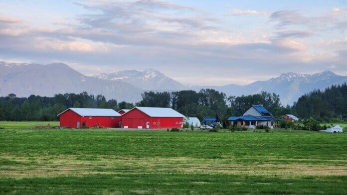 A serene farm in Agassiz, BC with red barns and mountain backdrop under a blue sky.