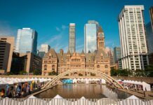 Toronto's historic Old City Hall and Nathan Phillips Square with reflecting pool under blue sky.