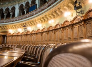 Interior view of the elegant Swiss Parliament council chamber in Bern, Switzerland.