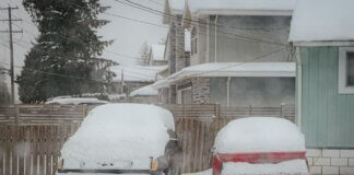 Two snow-covered cars parked on a quiet winter street in Surrey, BC, Canada.