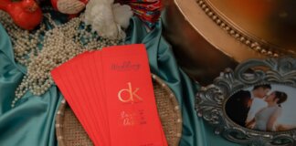 A beautifully arranged wedding invitation with pearls and a romantic photo.