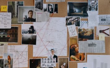 Полиция Гамильтона разыскивает подозреваемого в нападении на станции GO A detailed crime investigation board filled with photos, maps, and red strings connecting clues and evidence.