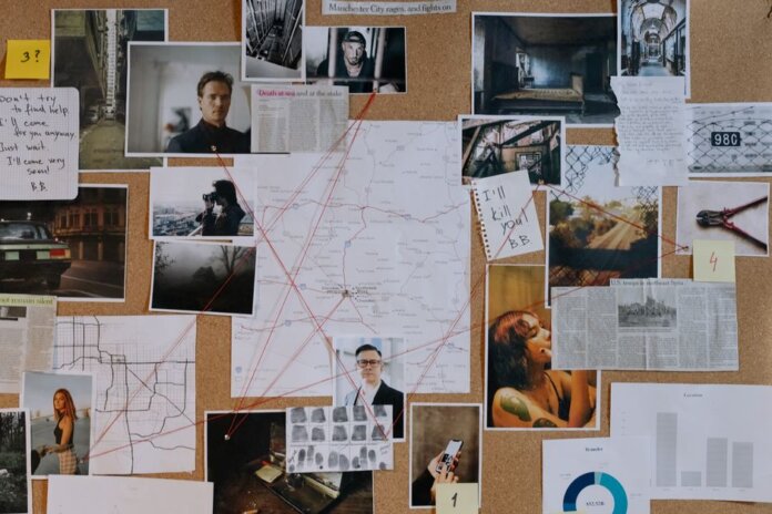 A detailed crime investigation board filled with photos, maps, and red strings connecting clues and evidence. A detailed crime investigation board filled with photos, maps, and red strings connecting clues and evidence.