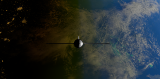 A satellite orbiting Earth showcasing contrasts between ocean and land from space.