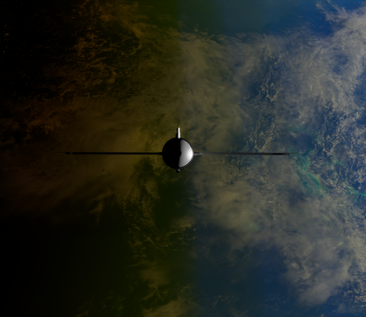 A satellite orbiting Earth showcasing contrasts between ocean and land from space.