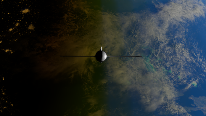 A satellite orbiting Earth showcasing contrasts between ocean and land from space. A satellite orbiting Earth showcasing contrasts between ocean and land from space.