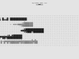 Abstract black and white graphic featuring a multimodal model pattern with various shapes.