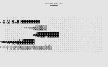 Abstract black and white graphic featuring a multimodal model pattern with various shapes.