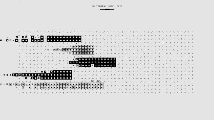 Abstract black and white graphic featuring a multimodal model pattern with various shapes. Abstract black and white graphic featuring a multimodal model pattern with various shapes.