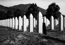 Black and white image of the Srebrenica cemetery, commemorating tragic history.