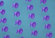 Bright purple megaphones pattern on a blue backdrop creating an abstract and modern visual.
