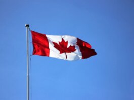 Canadian flag waving proudly against a clear blue sky in Victoria, BC.