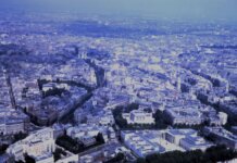 Captivating aerial view of the sprawling cityscape of Paris with iconic landmarks visible.