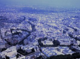 Captivating aerial view of the sprawling cityscape of Paris with iconic landmarks visible.