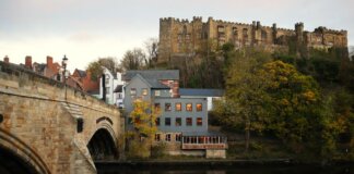 Captivating view of Durham Castle and Framwellgate Bridge over the river.