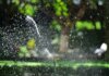 В Британской Колумбии призывают быть осторожными на воде этим летом Close-up of a garden sprinkler watering a lush green lawn with sunlight creating sparkling water droplets.