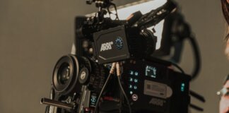 Close-up of a high-end cinema camera setup on a film set in Istanbul, capturing cinematic scenes.