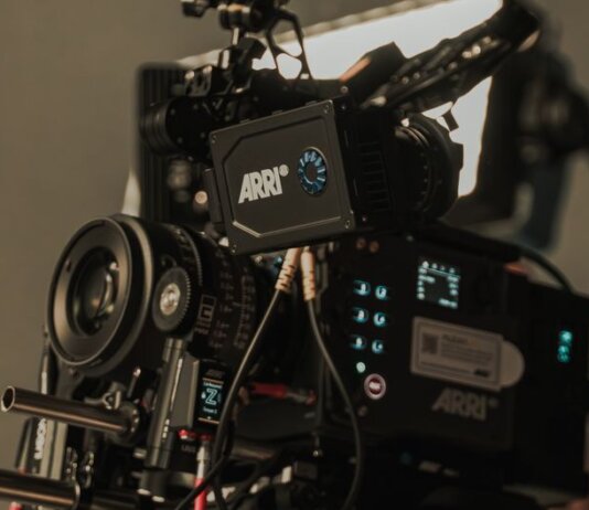 Close-up of a high-end cinema camera setup on a film set in Istanbul, capturing cinematic scenes.