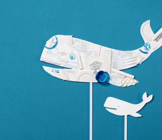 Conceptual image of a whale shape made from recycled plastic on a bright blue background.