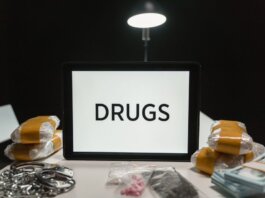 Conceptual image of drugs, money, and handcuffs on a table under harsh light, depicting crime themes.