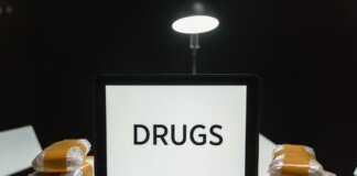 Conceptual image of drugs, money, and handcuffs on a table under harsh light, depicting crime themes.