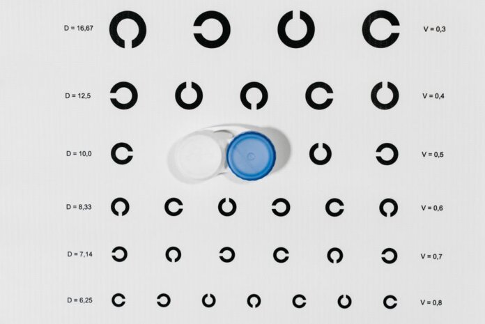 Contact lens case on top of eye test chart for optometric examinations. Contact lens case on top of eye test chart for optometric examinations.