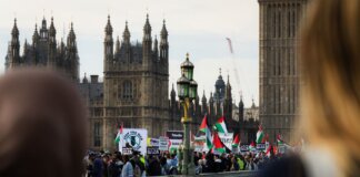 Crowd protesting on Westminster Bridge, London against Gaza conflict, waving Palestinian flags.