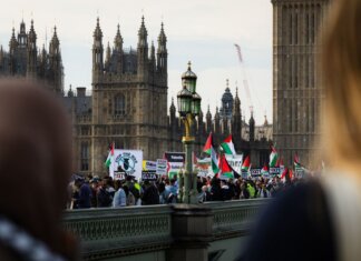 Crowd protesting on Westminster Bridge, London against Gaza conflict, waving Palestinian flags.