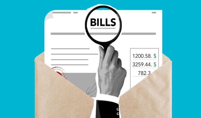Cutout paper composition of male with magnifier received expensive taxes and payments on blue background Cutout paper composition of male with magnifier received expensive taxes and payments on blue background