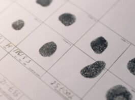 Detailed fingerprints on official document, highlighting identity verification process.