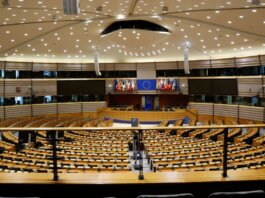 Empty European Parliament auditorium in Brussels, Belgium.
