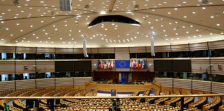 Empty European Parliament auditorium in Brussels, Belgium.