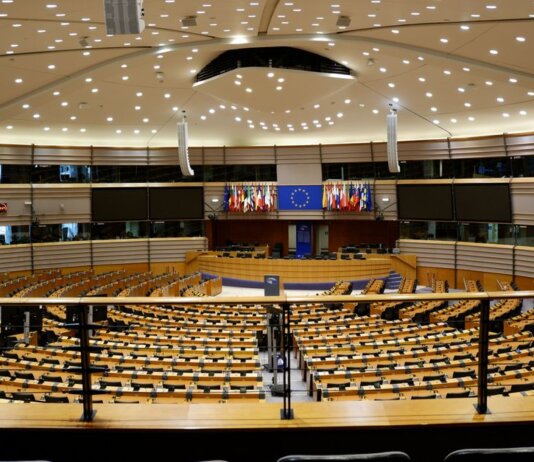 Empty European Parliament auditorium in Brussels, Belgium.