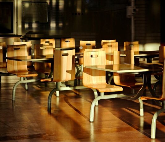 Empty wooden chairs and tables in a sunlit cafeteria setting, casting dramatic shadows.
