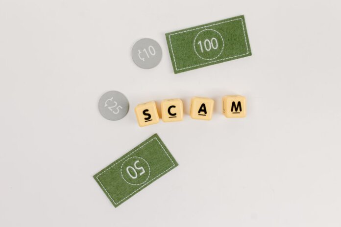 Flat lay of fake currency and scam letters on a gray surface representing financial deception. Flat lay of fake currency and scam letters on a gray surface representing financial deception.