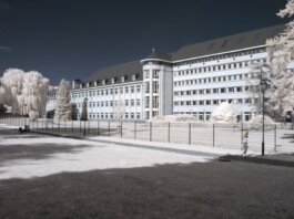 Grayscale image of a large government building with a unique infrared effect.