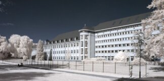Grayscale image of a large government building with a unique infrared effect.