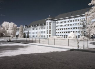 Grayscale image of a large government building with a unique infrared effect.