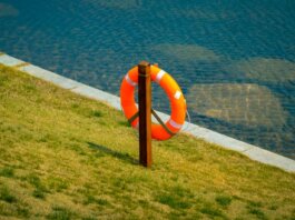 Orange lifebuoy hangs on a wooden post by a calm lake, symbolizing safety and preparedness.