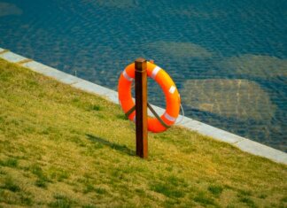 Как не утонуть в Великих озёрах: советы экспертов из Ватерлоо Orange lifebuoy hangs on a wooden post by a calm lake, symbolizing safety and preparedness.