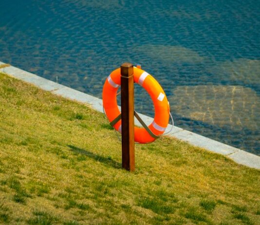 Orange lifebuoy hangs on a wooden post by a calm lake, symbolizing safety and preparedness.