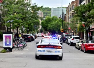 Police car driving through urban street lined with trees and parked bicycles.