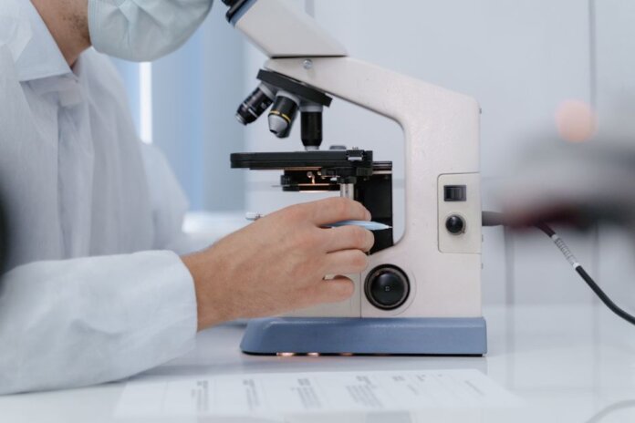 Researcher analyzing samples with a microscope in a lab setting. Researcher analyzing samples with a microscope in a lab setting.